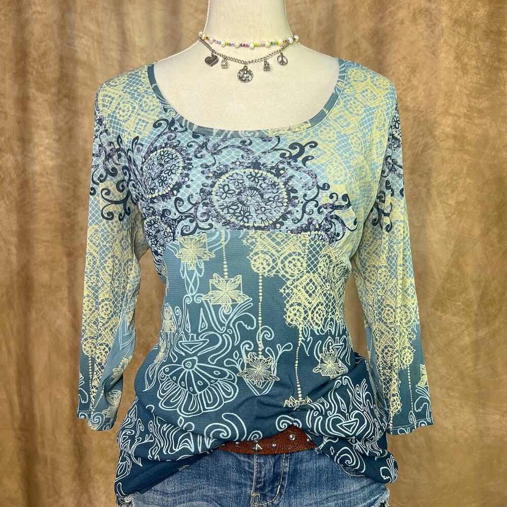 Vintage Y2K Mesh Top 3/4 Sleeve Geometric Paisley Graphic Empire Waist Blue Boho